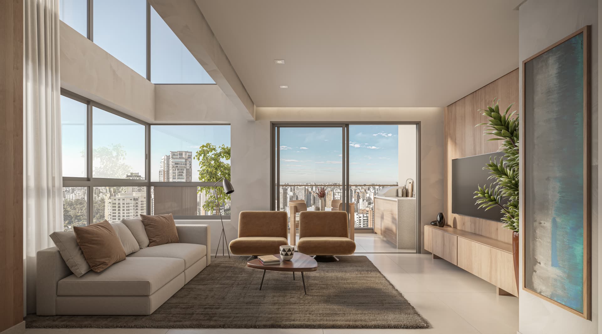 Perspectiva artística do Living com pé-direito duplo de 128 m²