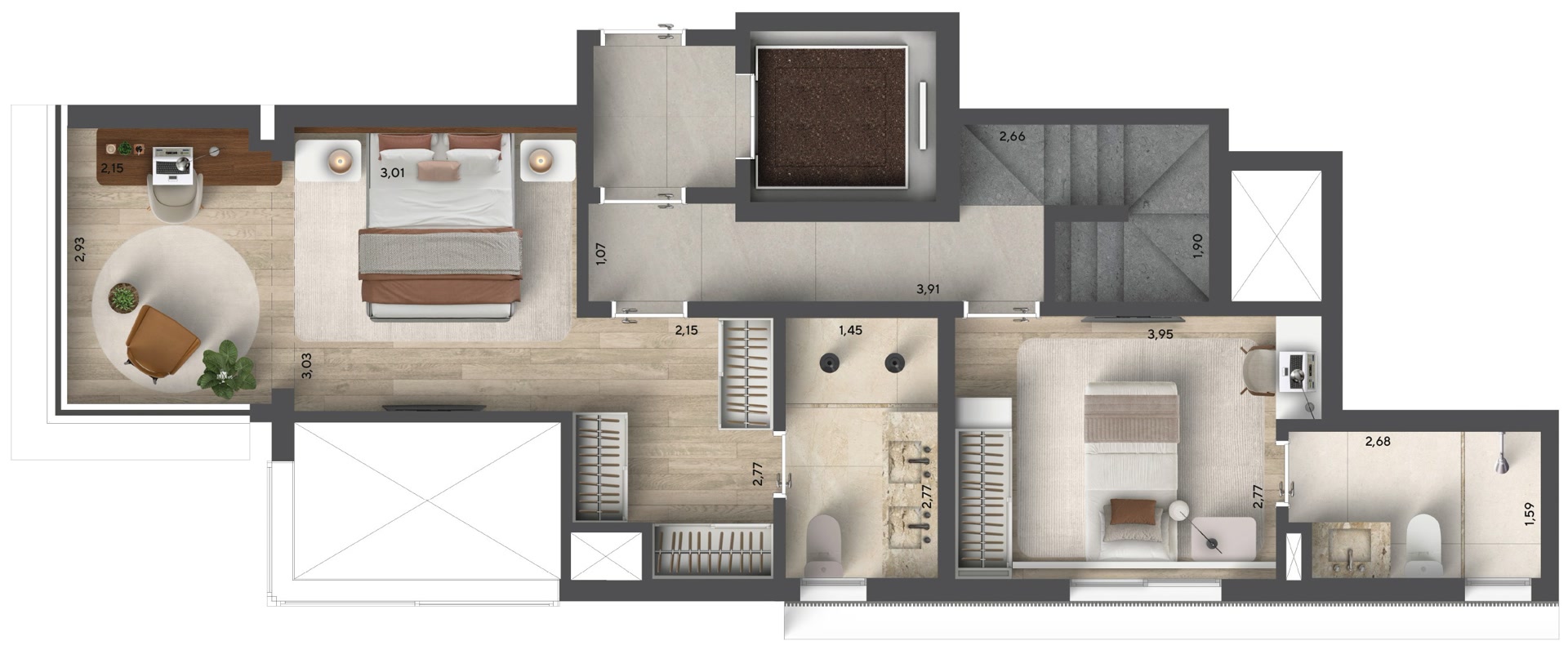 Planta duplex padrão 127 m²
