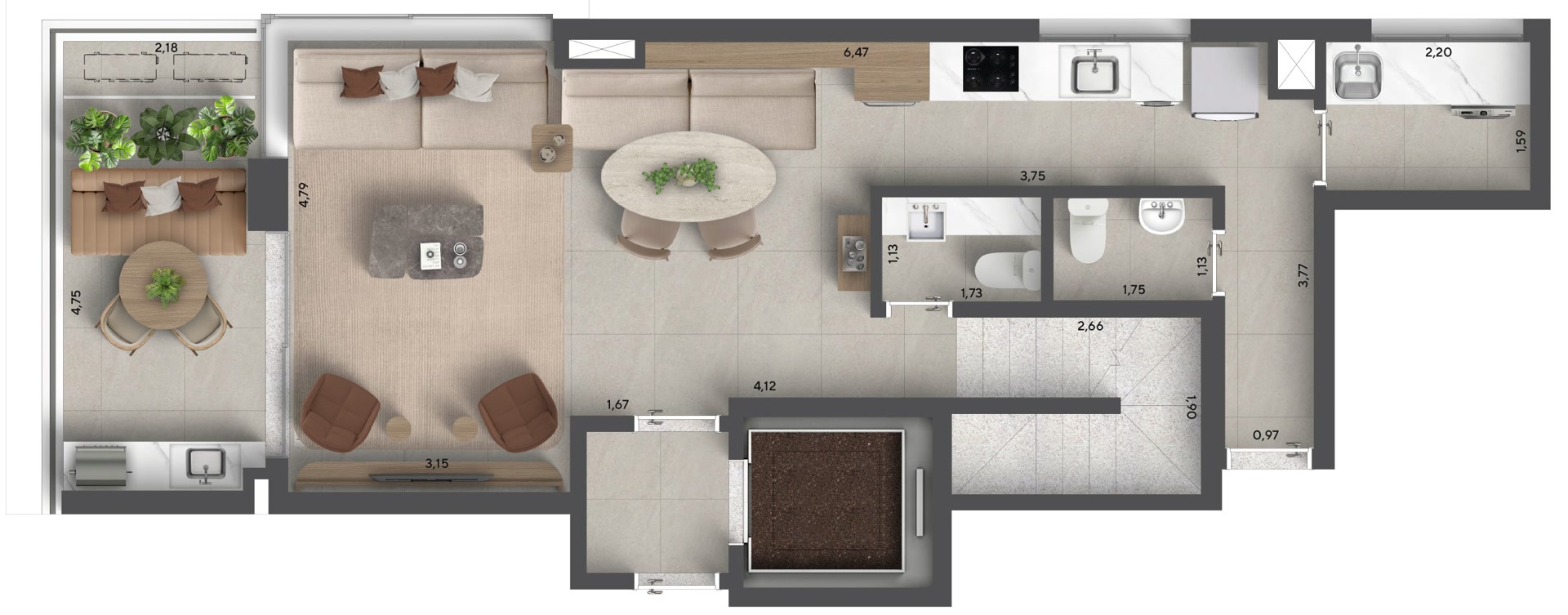 Planta duplex padrão 128 m²