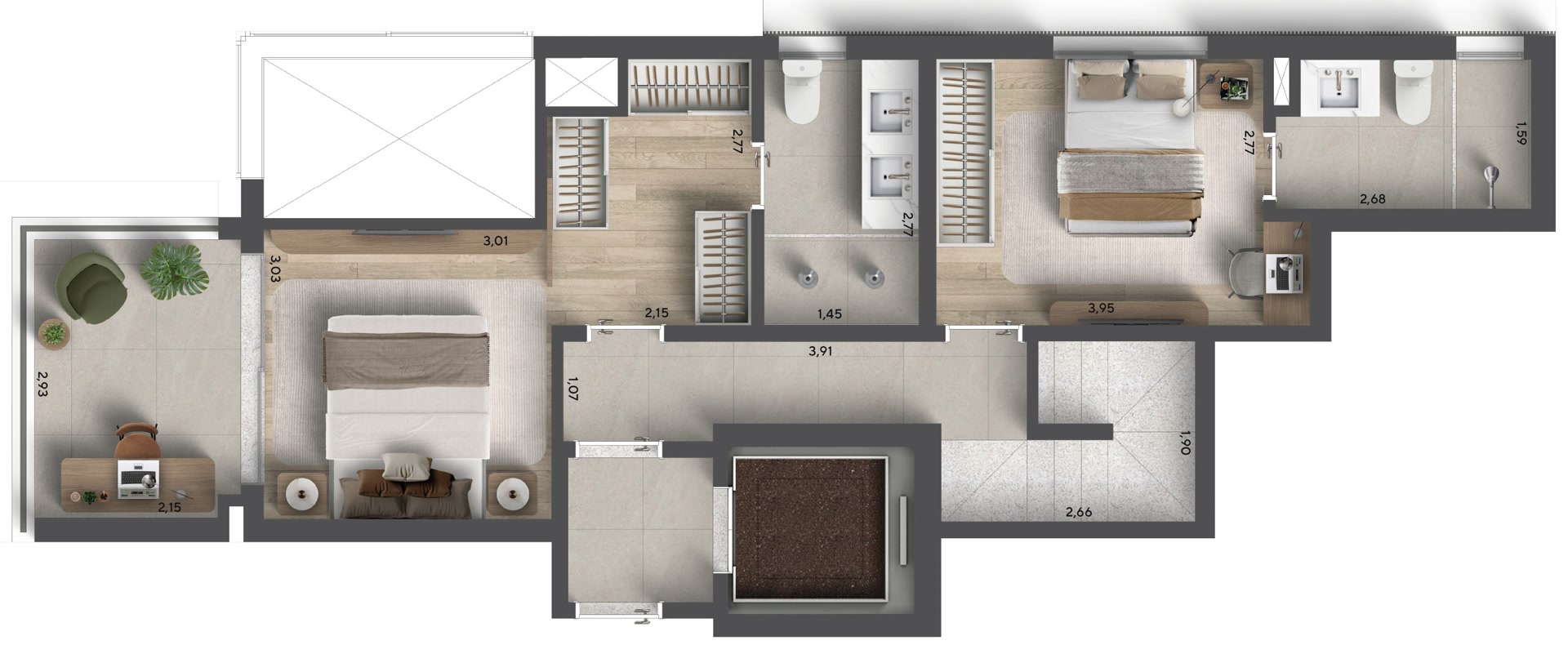 Planta duplex padrão 128 m²
